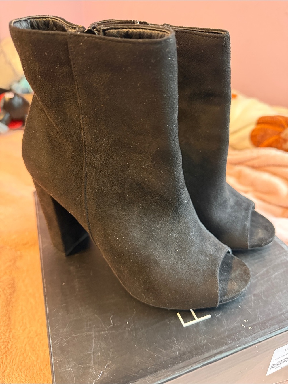 Fashion Nova Black Suede Peep-Toe Block Heel Ankle Boots